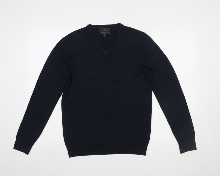 Marks and Spencer Men's Blue V-Neck Acrylic Jumper Size S