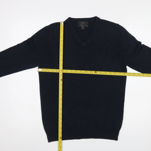 Marks and Spencer Men's Blue V-Neck Acrylic Jumper Size S