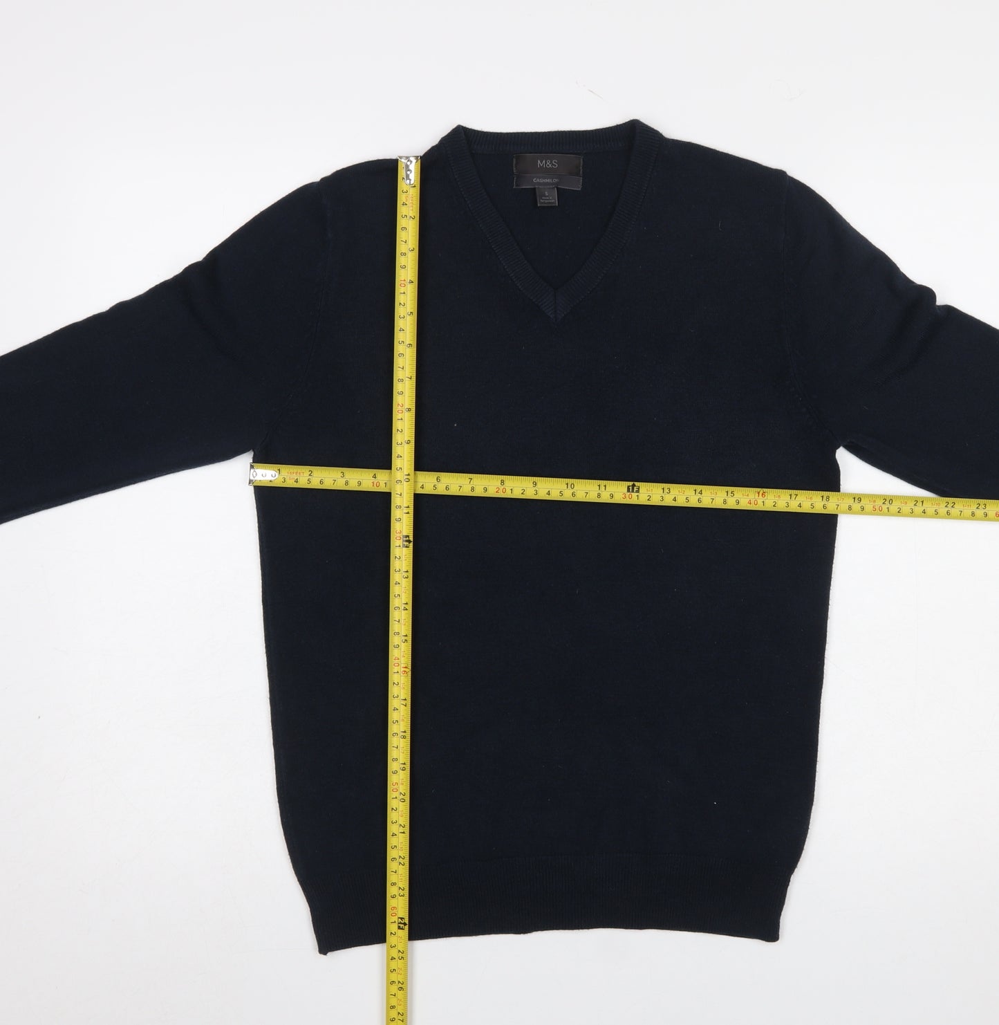 Marks and Spencer Men's Blue V-Neck Acrylic Jumper Size S