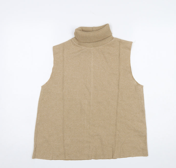 Zara Women Beige Roll Neck Sleeveless Knit Vest Jumper Size 14