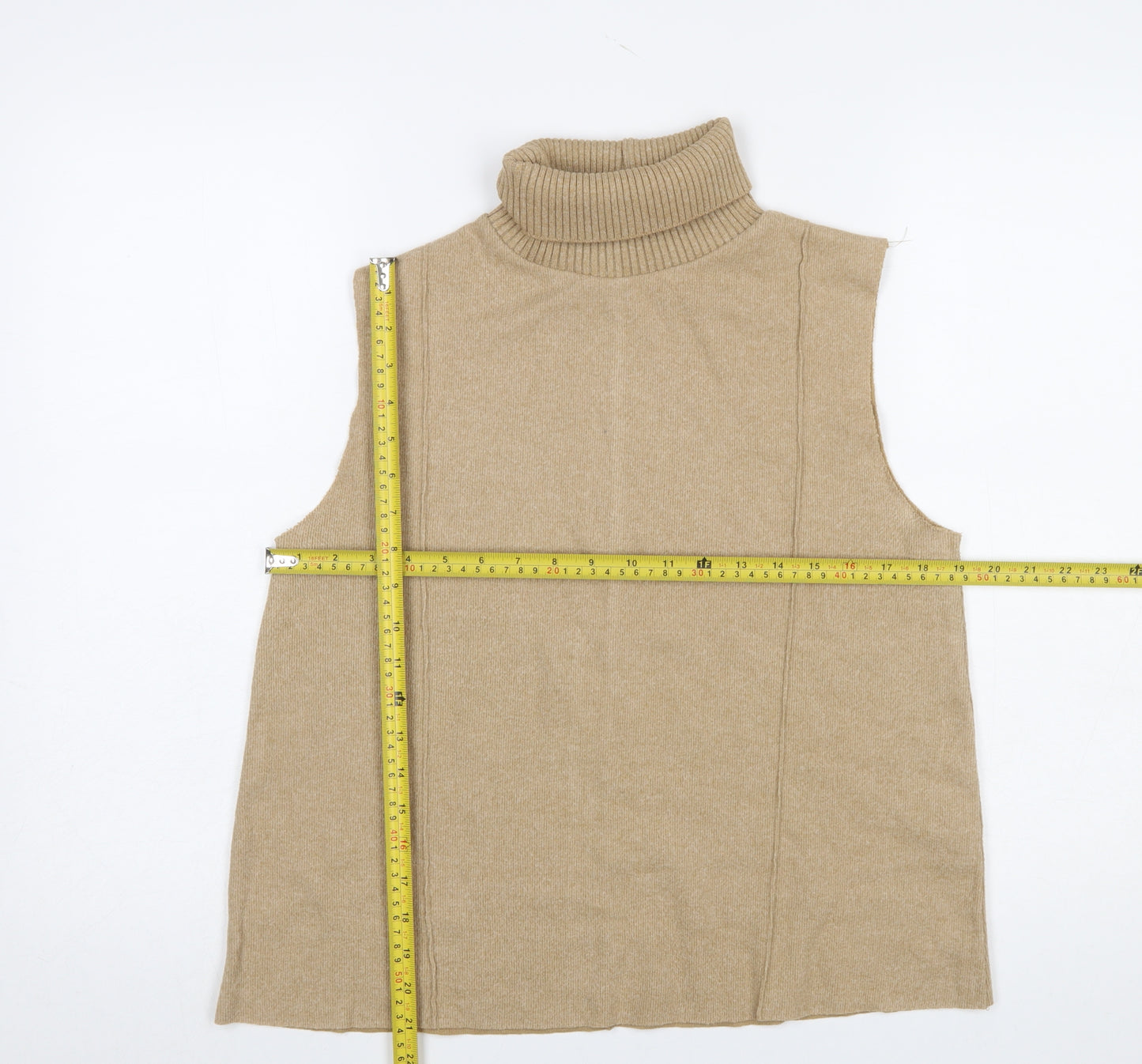 Zara Women Beige Roll Neck Sleeveless Knit Vest Jumper Size 14