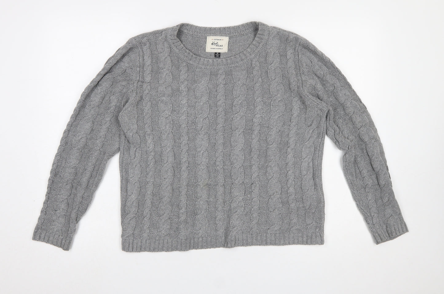 Cotton On Women's Grey Cable-Knit Jumper M Crew Neck Cotton Blend