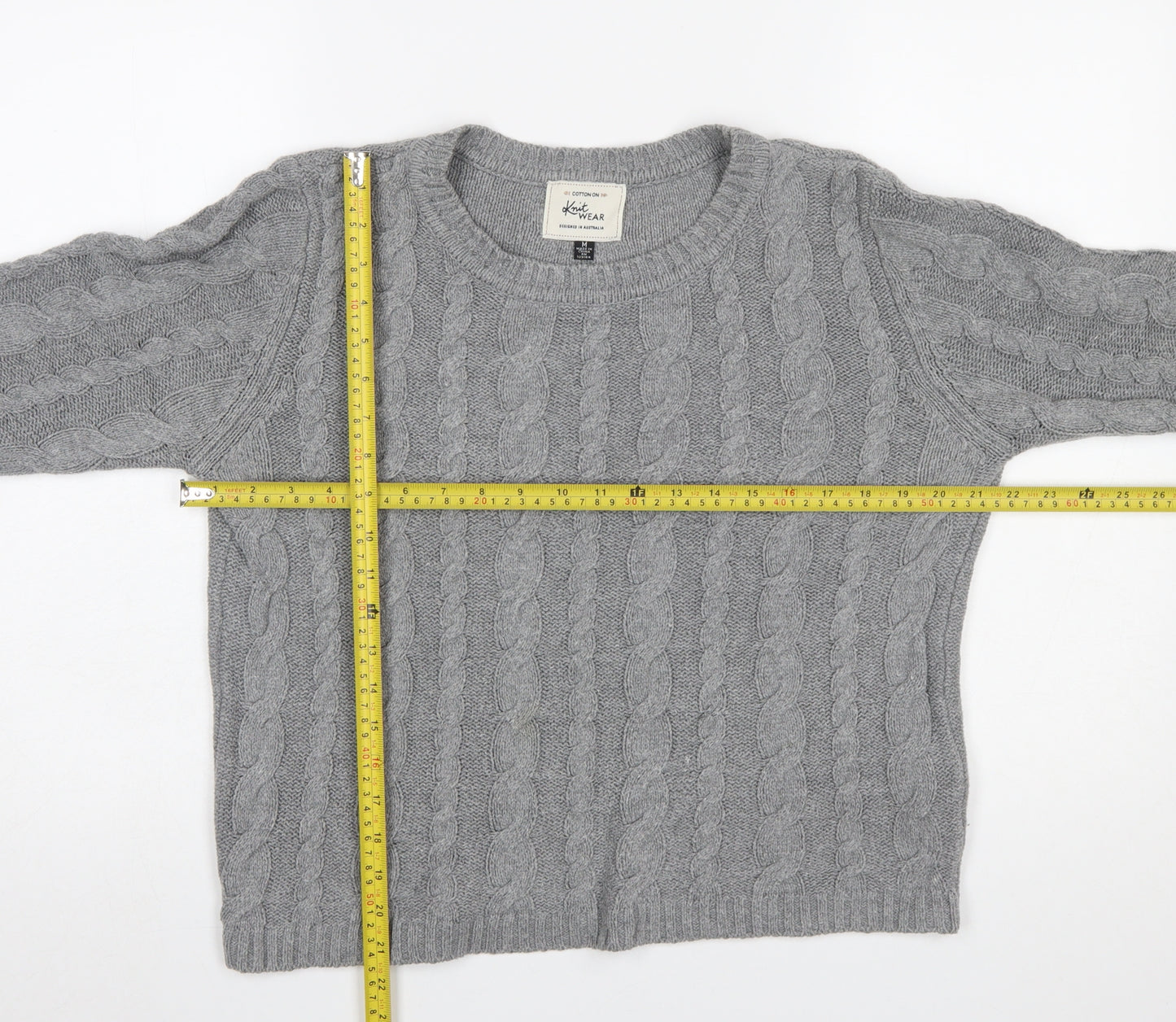 Cotton On Women's Grey Cable-Knit Jumper M Crew Neck Cotton Blend