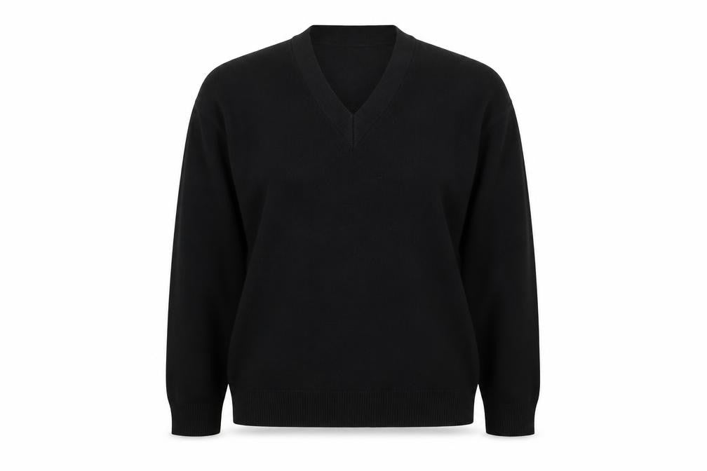 Front view of Marks & Spencer women’s black v-neck cotton jumper, size M