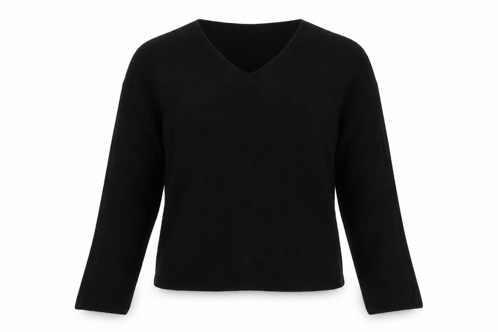 Front view of Uniqlo women’s black cotton v-neck long sleeve jumper m