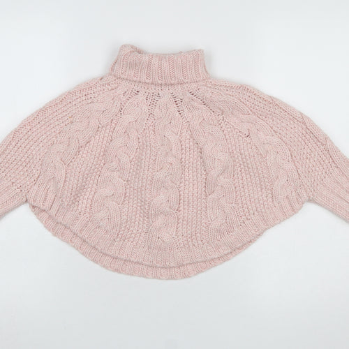 Next Girls Pink Cable Knit Roll Neck Cape Jumper 5-6 Years Acrylic Wool