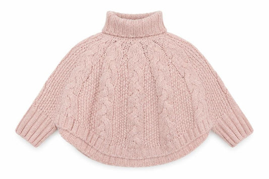 Front view of Next girls’ pink cable knit roll neck cape jumper 5-6 years acrylic wool