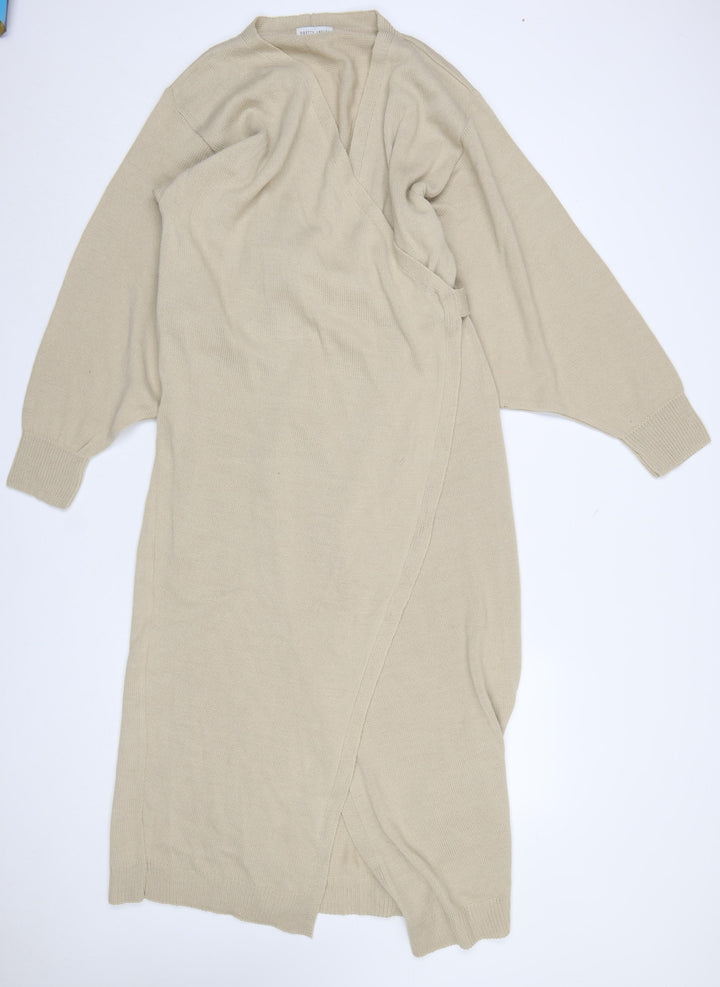 Pretty Lavish Women’s Beige Wrap Long Cardigan Jumper M Knit Acrylic