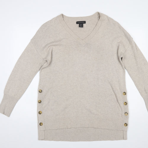 Tahari Women's Beige V-Neck Button Side Knit Jumper Size M