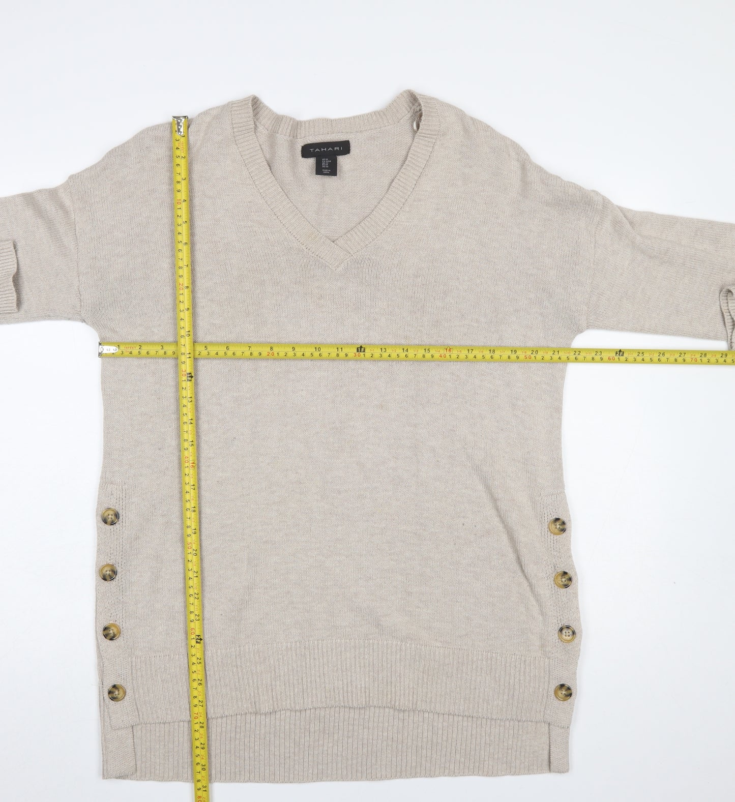 Tahari Women's Beige V-Neck Button Side Knit Jumper Size M