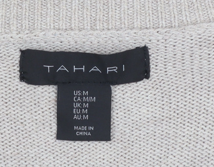 Tahari Women's Beige V-Neck Button Side Knit Jumper Size M