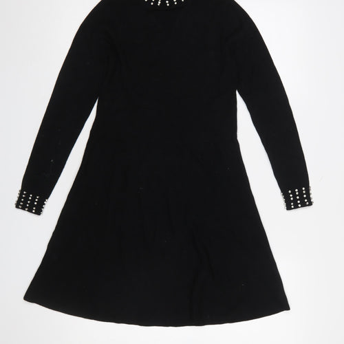 Lipsy Girls Black Beaded High Neck Long Sleeve Knit A-Line Dress 11-12 Years
