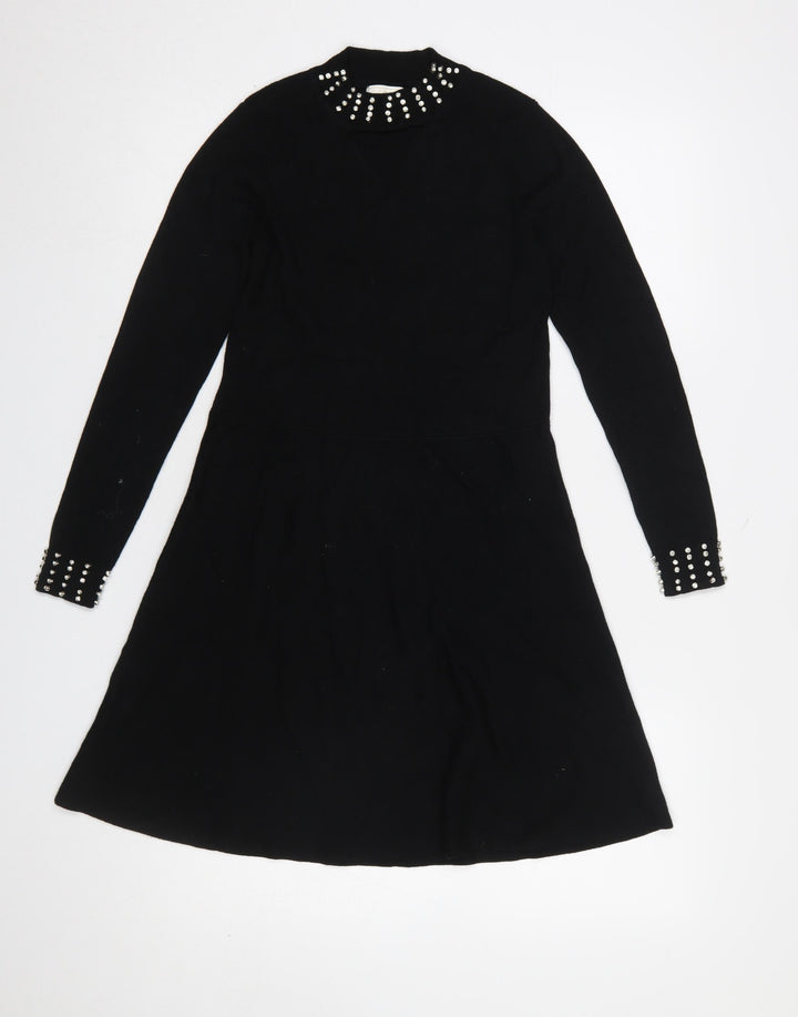 Lipsy Girls Black Beaded High Neck Long Sleeve Knit A-Line Dress 11-12 Years