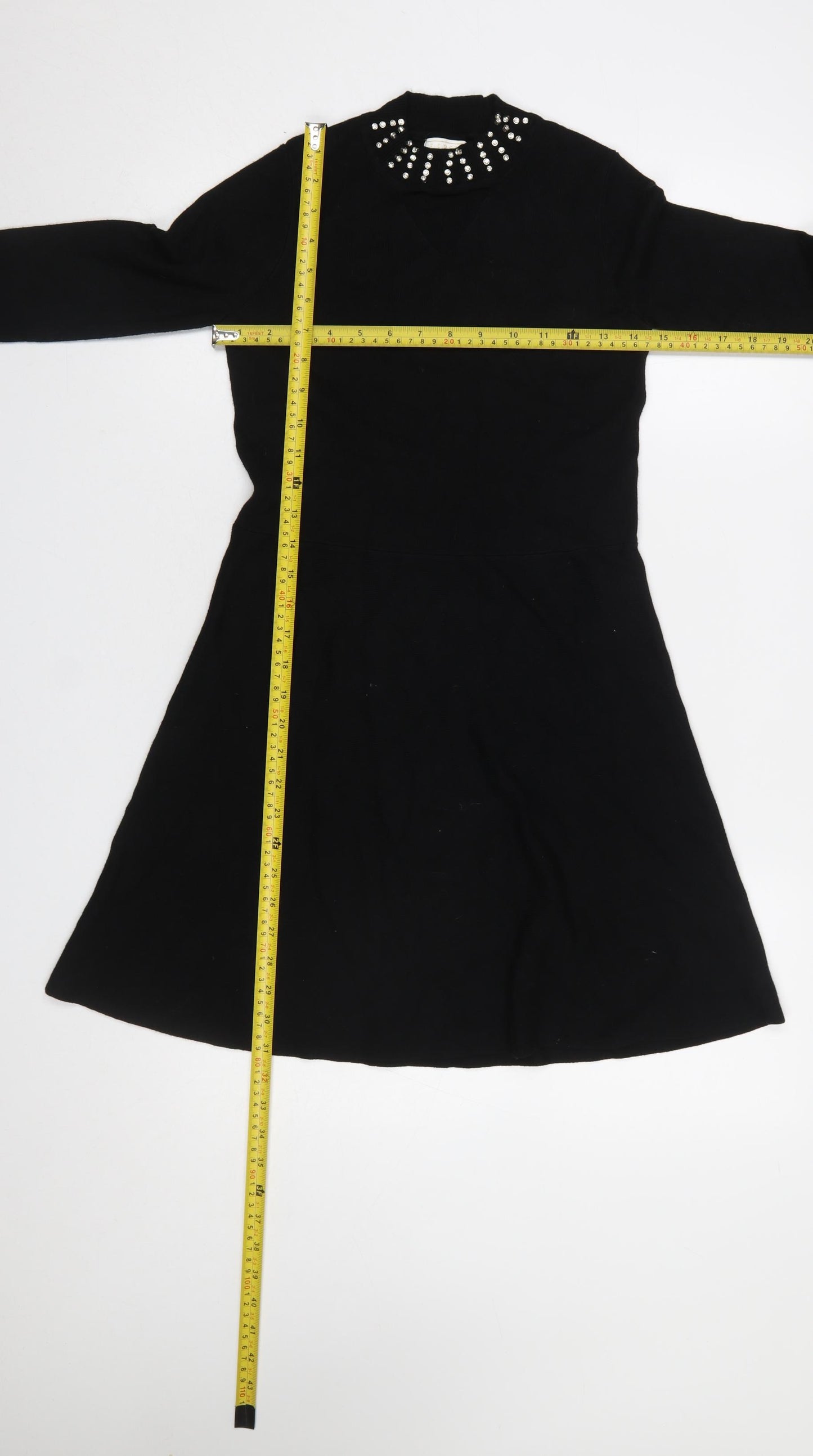 Lipsy Girls Black Beaded High Neck Long Sleeve Knit A-Line Dress 11-12 Years