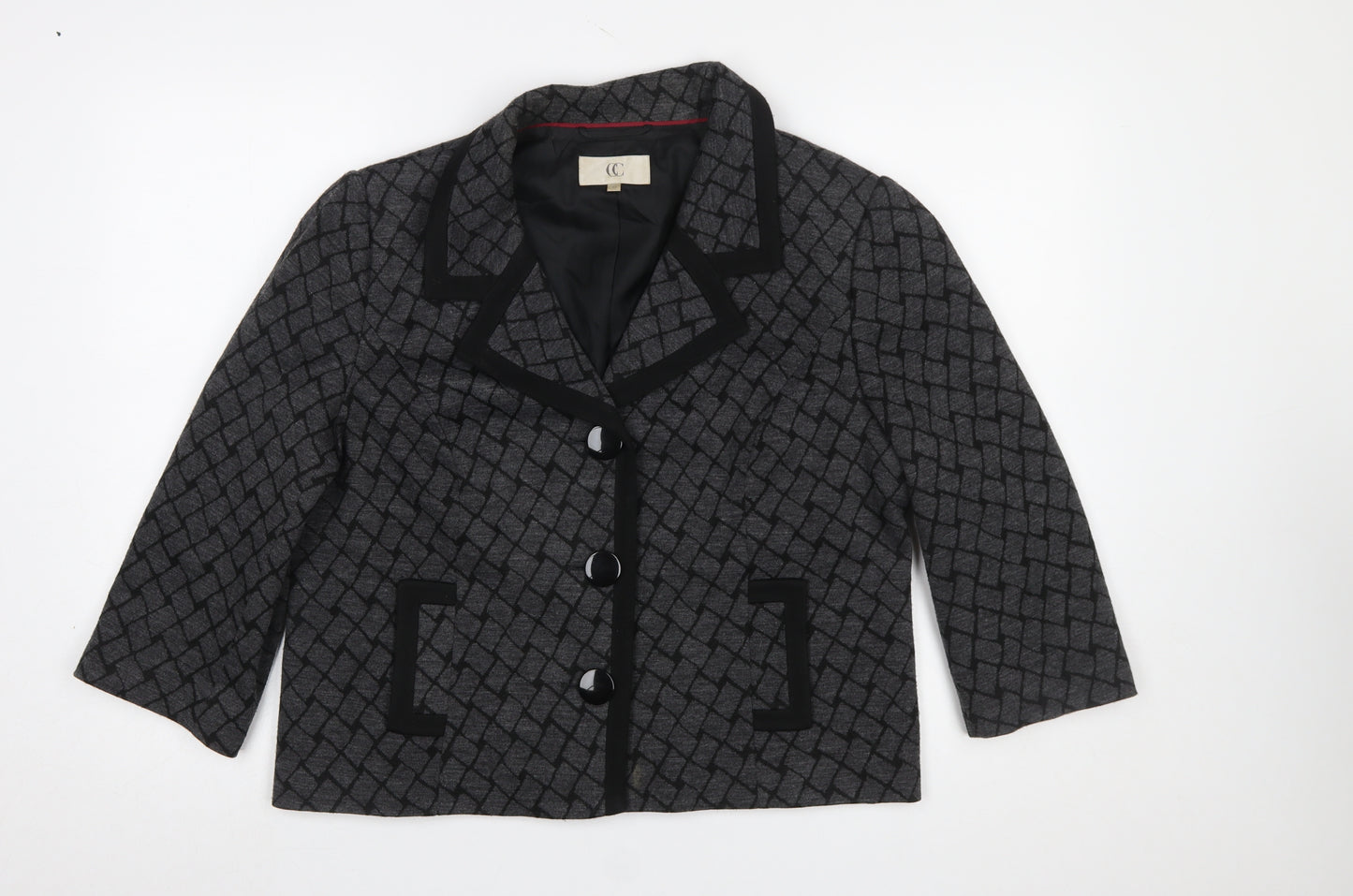 CC Women Grey Black Geometric Pattern Blazer Size 16 Lined Jacket