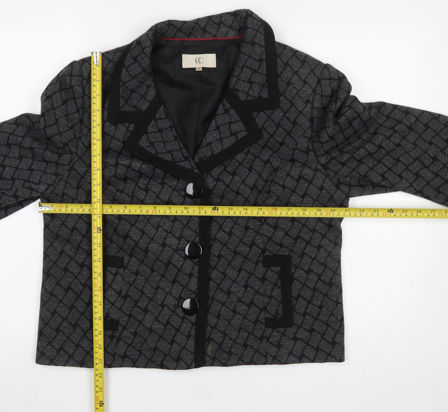 CC Women Grey Black Geometric Pattern Blazer Size 16 Lined Jacket
