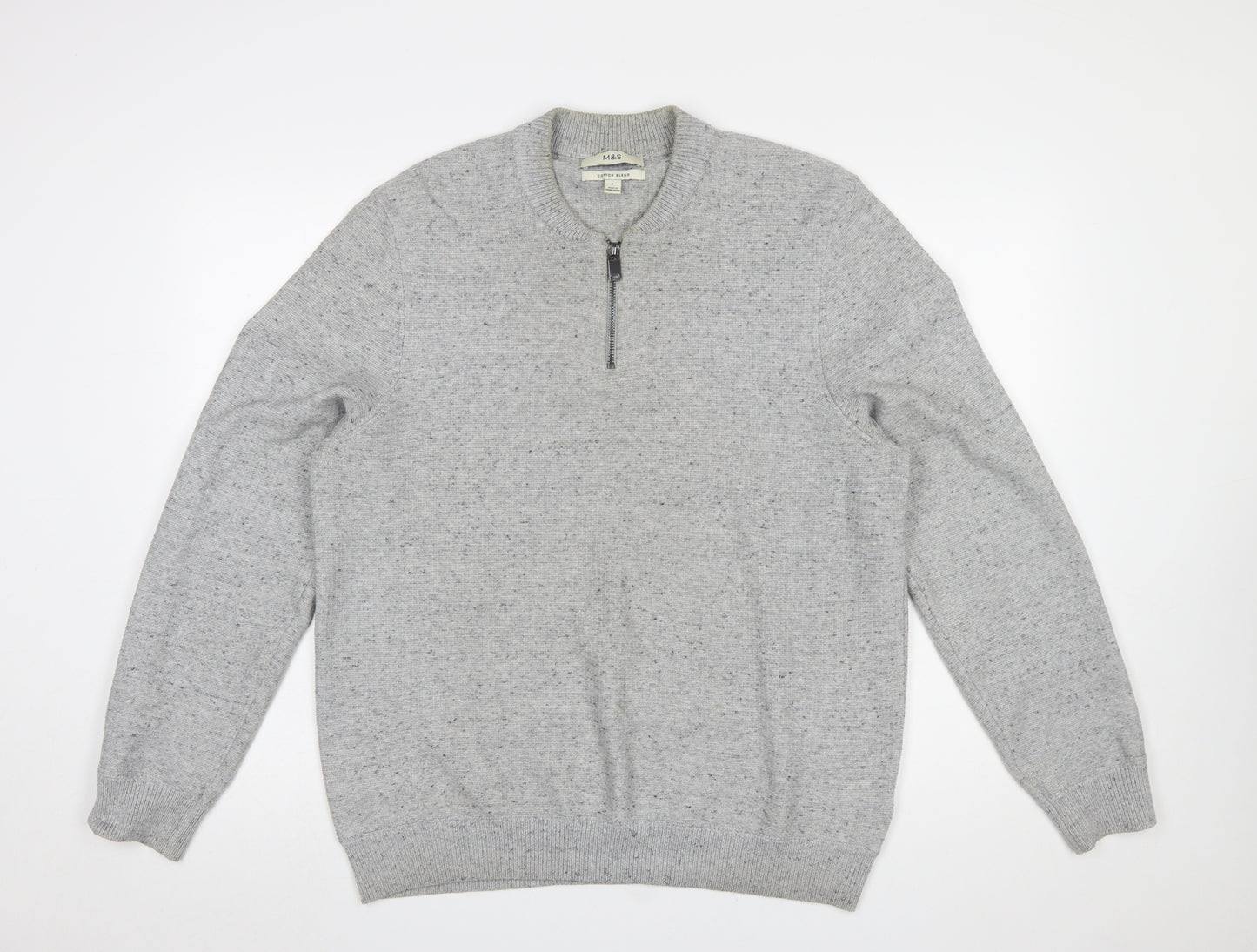 Marks and Spencer Men's Grey L 1/2 Zip Cotton Blend Jumper