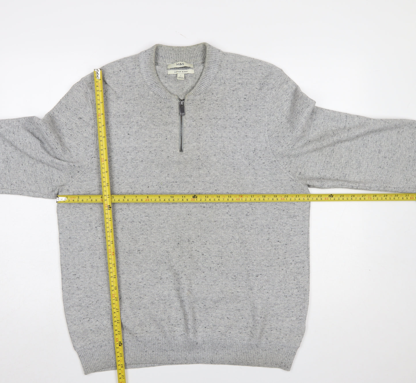 Marks and Spencer Men's Grey L 1/2 Zip Cotton Blend Jumper