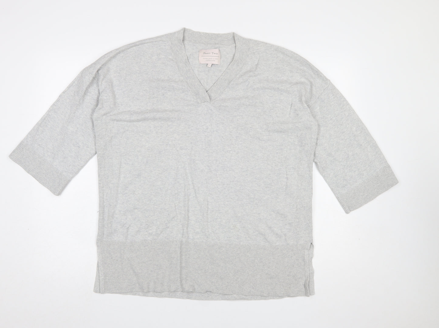 Part Two Women Grey V-Neck Knit 3/4 Sleeve Jumper Size L