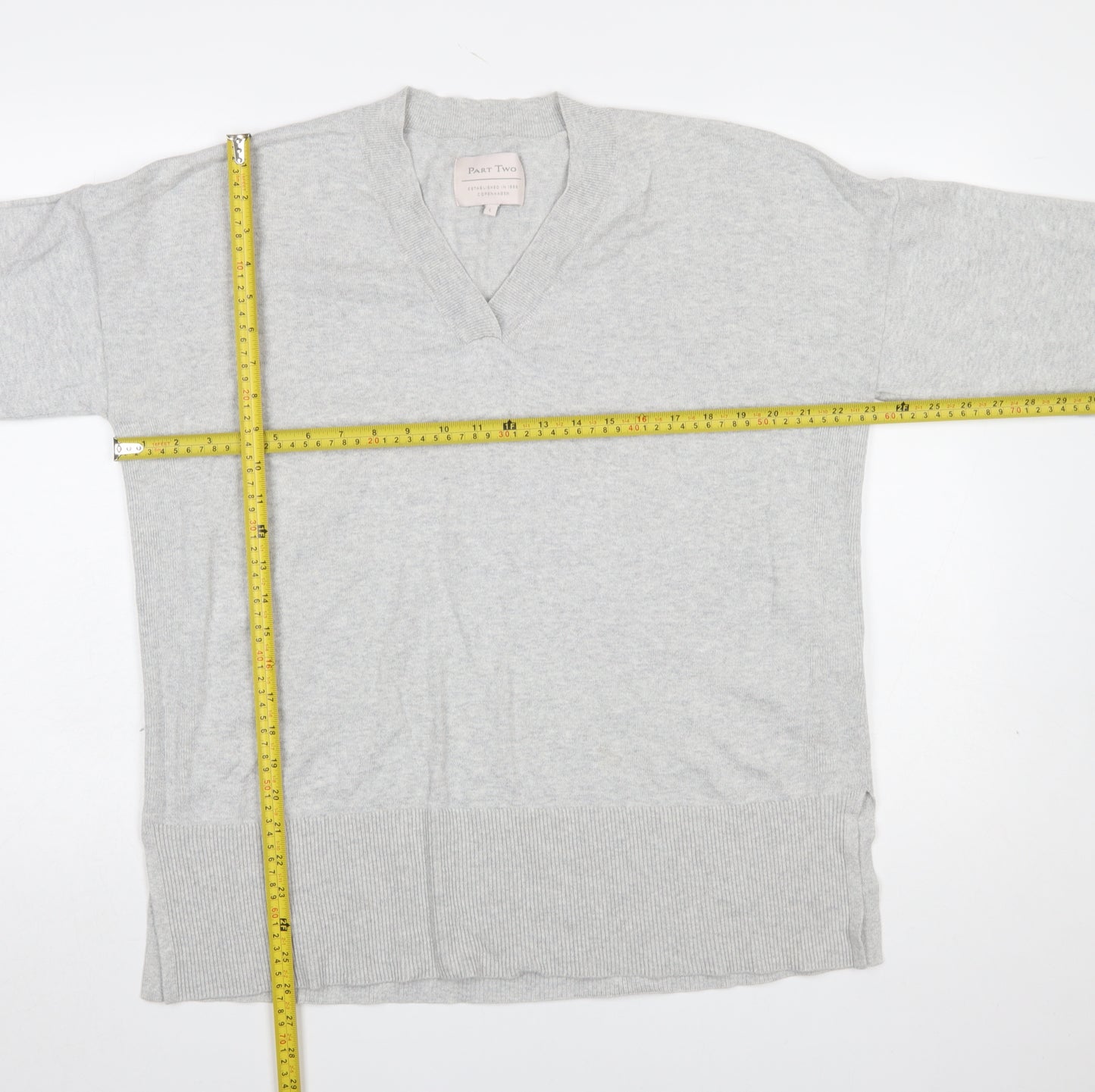 Part Two Women Grey V-Neck Knit 3/4 Sleeve Jumper Size L