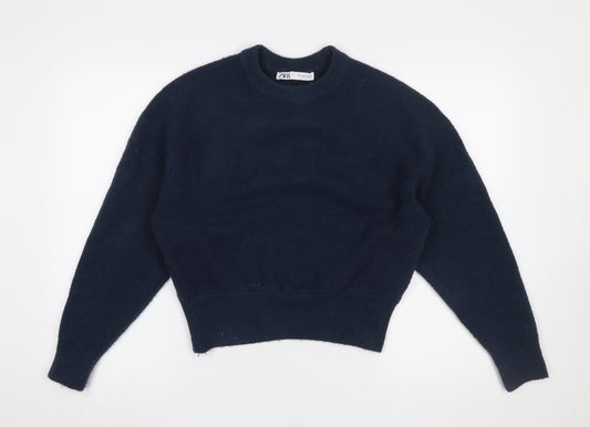 Zara Women Blue Crew Neck Long Sleeve Knit Pullover Jumper Size 8