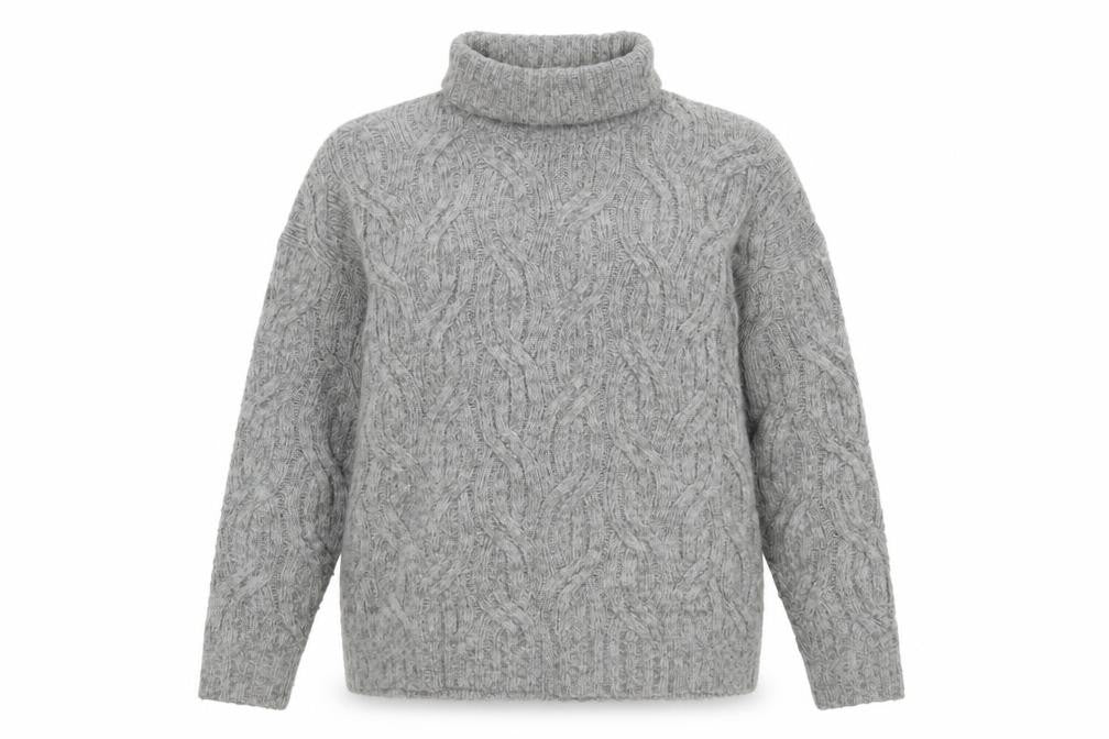 Front view of Marks & Spencer Women’s Grey Cable-Knit Roll Neck Wool Jumper, size M