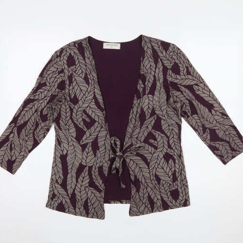 Just Elegance Women Purple Leaf Print Tie Front Tunic Blouse Size 14