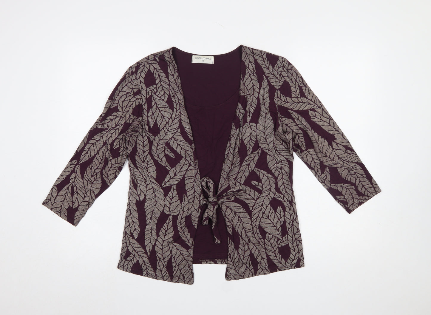 Just Elegance Women Purple Leaf Print Tie Front Tunic Blouse Size 14
