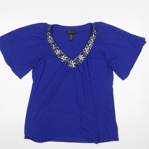 Cable & Gauge Women's Blue Beaded V-Neck Short Sleeve Top Size L