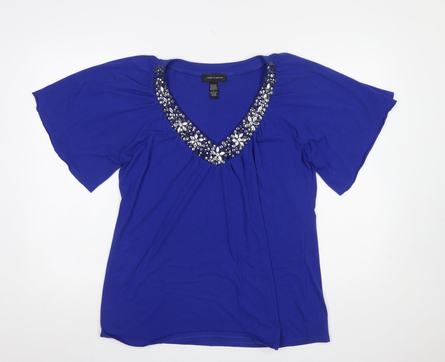Cable & Gauge Women's Blue Beaded V-Neck Short Sleeve Top Size L