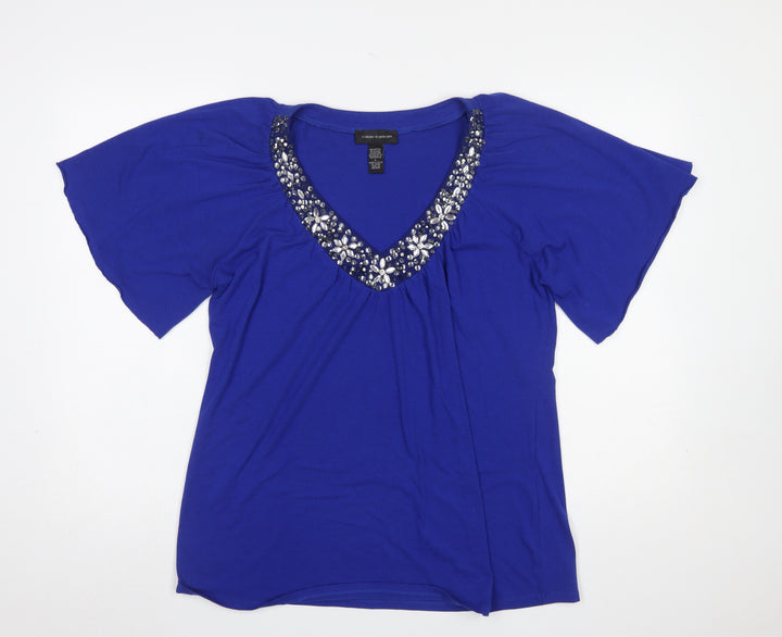 Cable & Gauge Women's Blue Beaded V-Neck Short Sleeve Top Size L