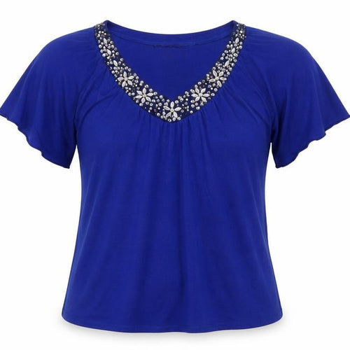 Cable & Gauge Women's Blue Beaded V-Neck Short Sleeve Top Size L