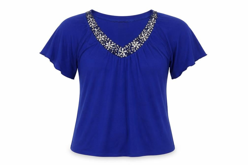 Cable & Gauge Women's Blue Beaded V-Neck Short Sleeve Top Size L