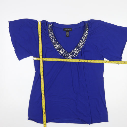 Cable & Gauge Women's Blue Beaded V-Neck Short Sleeve Top Size L