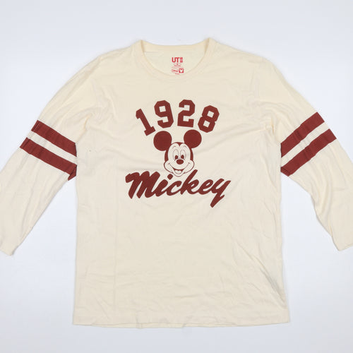 Uniqlo Women Ivory Mickey Mouse 3/4 Sleeve Cotton T-Shirt Size M