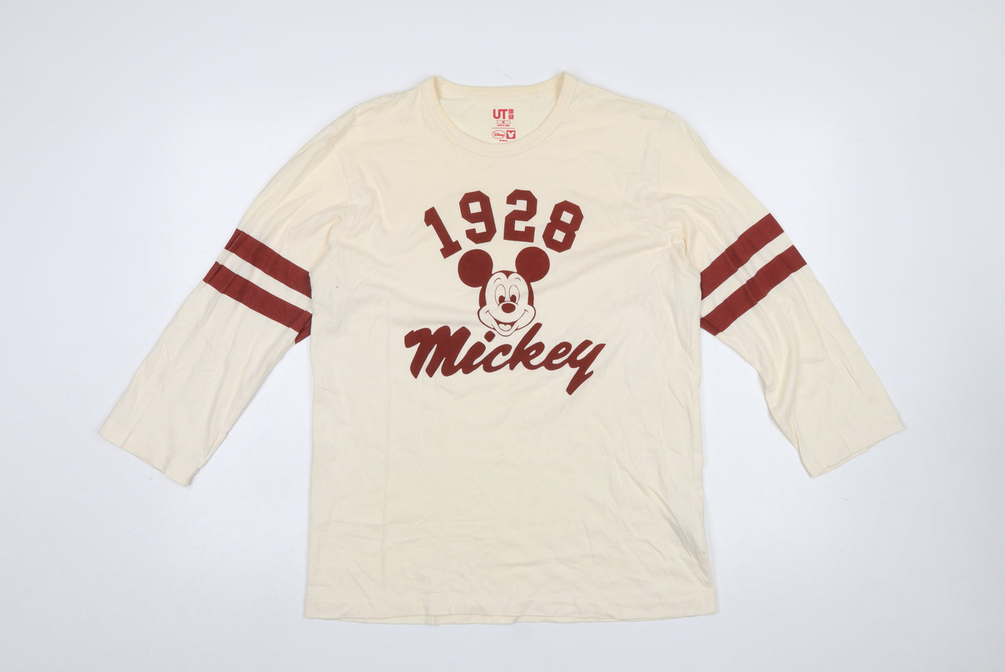Uniqlo Women Ivory Mickey Mouse 3/4 Sleeve Cotton T-Shirt Size M