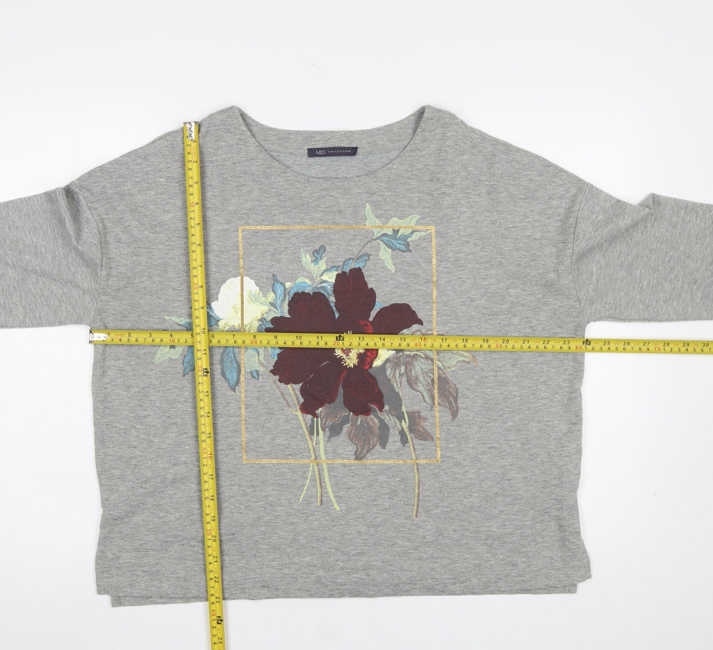 Marks and Spencer Women's Grey Floral Long Sleeve Jersey T-Shirt Size 14