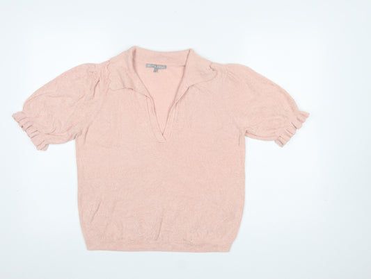 Oliver Bonas Women's Pink Wool Knit Ruffle Collared Blouse UK 10