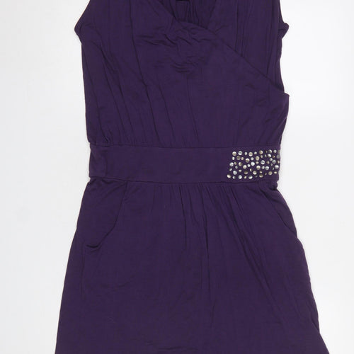 Rosa Faia Womens Purple S 10 Wrap Mini Dress Beaded Waist Viscose Blend