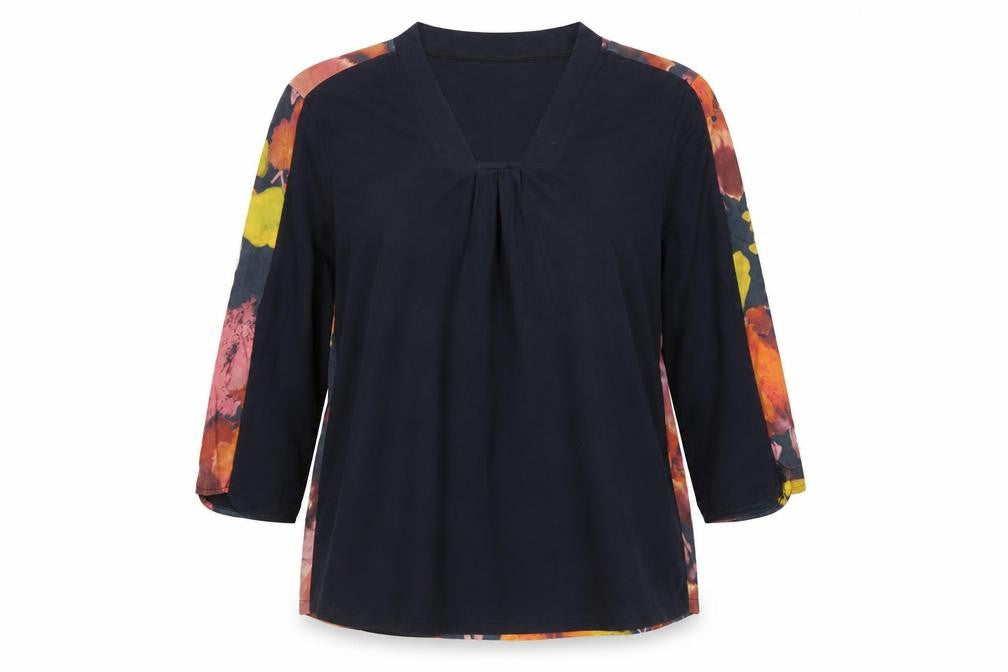 Front view of Thought women’s multicoloured tunic blouse, size UK 12, v-neck 3/4 sleeve