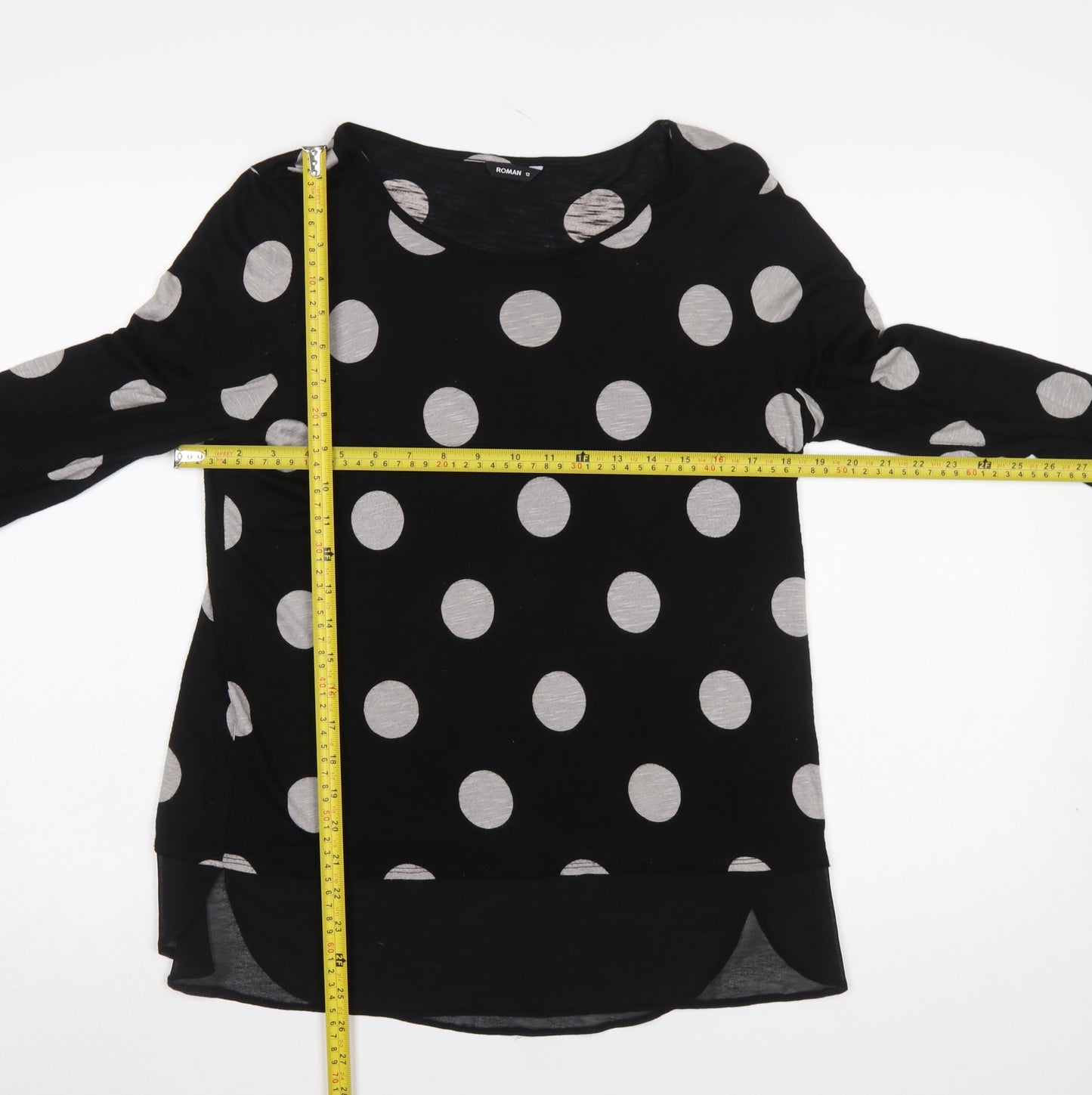 Roman Women’s Black Polka Dot Long Sleeve Tunic Blouse Size 12