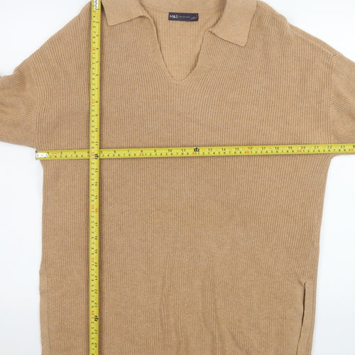 Marks and Spencer Men's Beige Collared Cotton Wool Pullover Jumper L