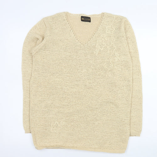 Be Yourself Womens Beige V-Neck Long Sleeve Pullover Jumper Size 14/16