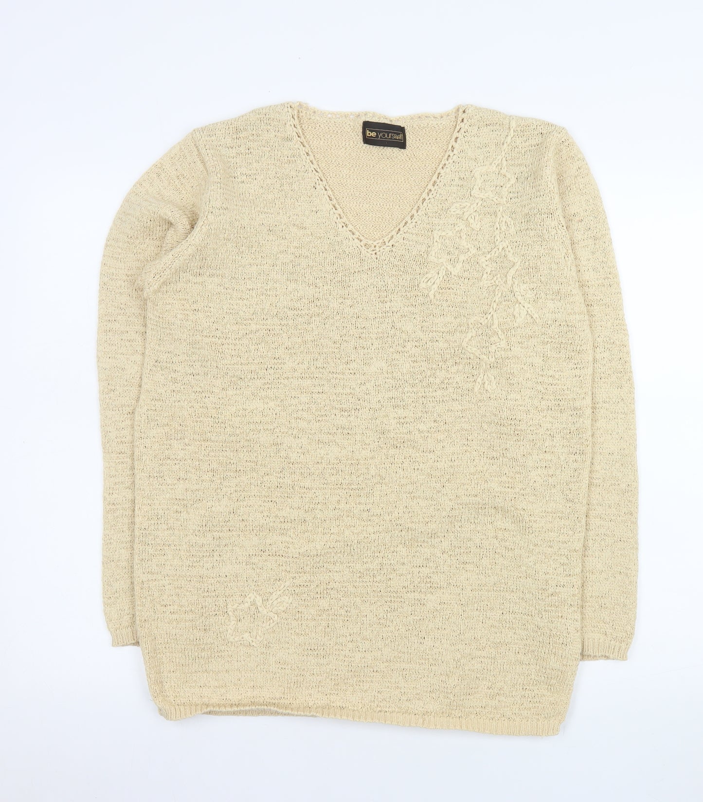 Be Yourself Womens Beige V-Neck Long Sleeve Pullover Jumper Size 14/16