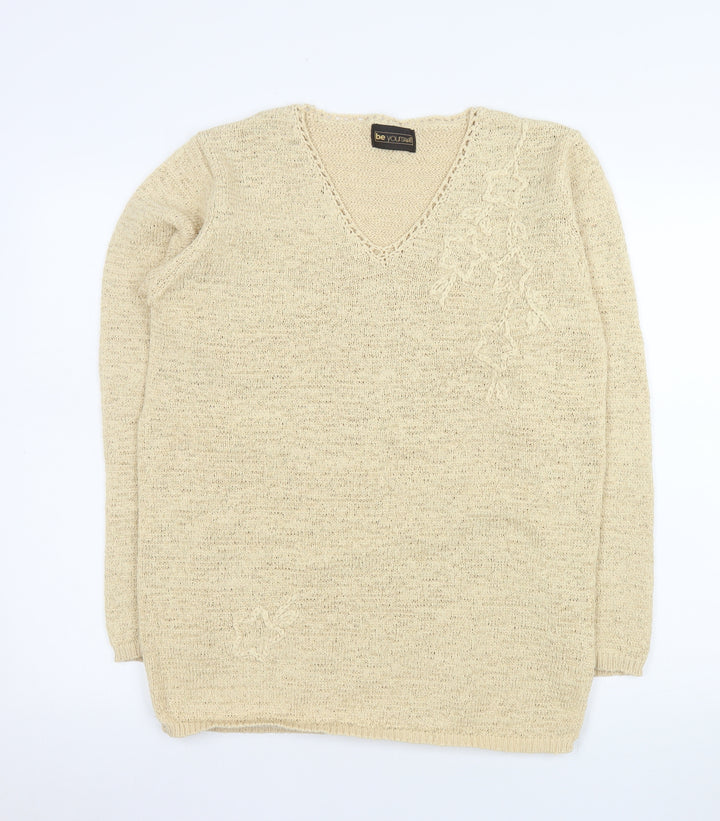 Be Yourself Womens Beige V-Neck Long Sleeve Pullover Jumper Size 14/16