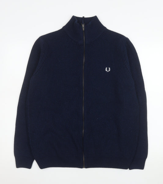 Fred Perry Men's Blue Wool Full Zip Jacket XL Classic Knit