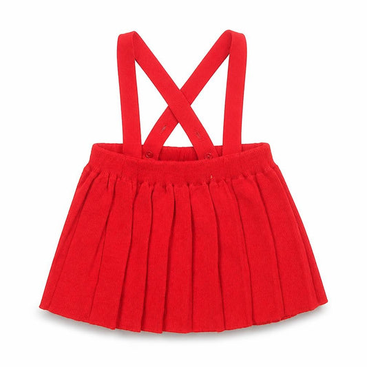 Front view of Kind and Gentle Red Pleated Knit Baby Skirt 6-9 Months unisex with straps