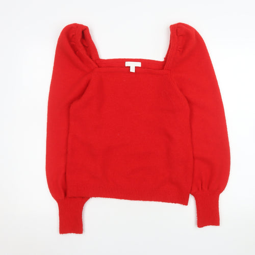H&M Women Red Square Neck Puff Sleeve Pullover Jumper Size S