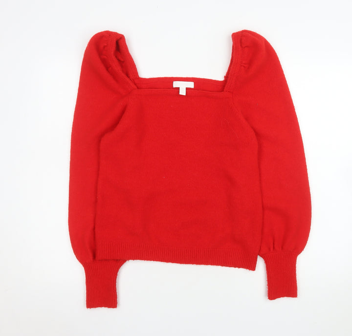 H&M Women Red Square Neck Puff Sleeve Pullover Jumper Size S