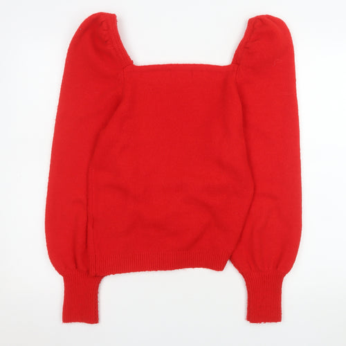 H&M Women Red Square Neck Puff Sleeve Pullover Jumper Size S